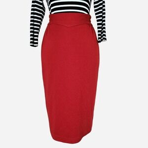 Red vintage Alain Cannelle midi pencil wool mix knit skirt V-shaped waistband